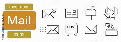 Minimalist line email icon set with editable stroke featuring inbox, message, envelope, notification, mailing, and interface symbols