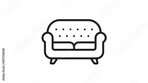 Sofa outline icon with classic tufted back and armrests on short legs, representing comfort and seating.