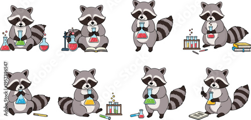 Raccoon Scientist Character Set Featuring Cute Raccoons in Laboratory with Beakers Test Tubes and Chemical Experiments for Science Education and Research Illustration