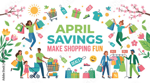 April Savings Banner with Shoppers and Discounted Items