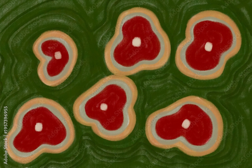 Naklejka premium Shapes of red and orange on a green background show abstract art