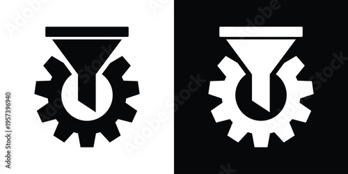 Flat vector icon combining a funnel and a cogwheel. Represents technical filtering, data processing, configuration, and backend system optimization in a bold, high-contrast graphic style.