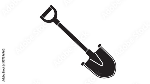 Shovel with a black handle and D-grip for digging and construction work on a white background. featuring spade, garden tool, tool with equipment and