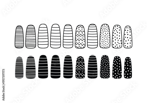 Hand drawn nail shape sticker designs, black and white patterns set, stylized patterns are suitable
