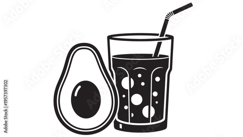 Avocado half with pit and a glass of bubbly drink with straw, black and white illustration, graphic design