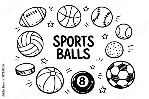 Sports balls icons set in black and white doodle hand drawn style with football, basketball, baseball and volleyball