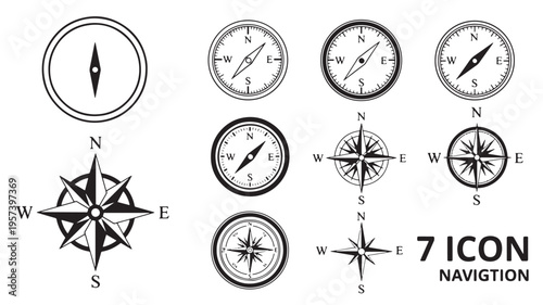 Compass icons set with north, south, east, and west markings for navigation and directional guidance.