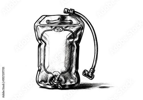 Hand-drawn sketch of a hydration bladder with a tube and mouthpiece for outdoor activities