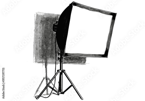 Sketch of a professional studio softbox light on a tripod with a textured background