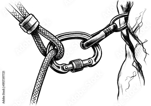 Close-up illustration of a climbing rope secured with a carabiner to a rock face