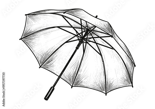 Sketch of a transparent umbrella with black frame and handle on a white background