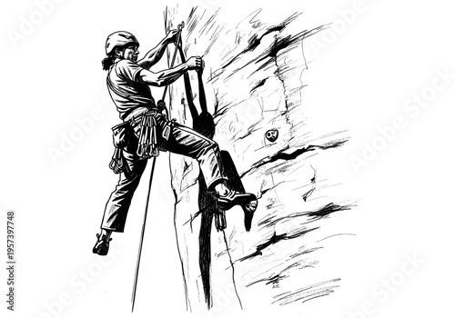 Black and white illustration of a rock climber ascending a steep cliff face with gear