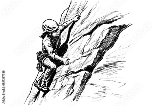 Sketch of a woman rock climbing up a steep cliff face with a helmet and harness