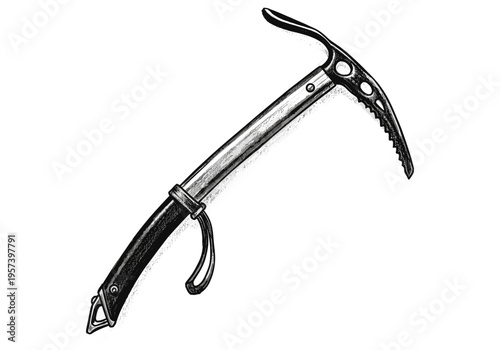 Detailed illustration of a modern ice axe with a black grip and metal shaft on a white background