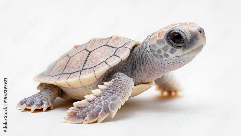 Obraz premium Tiny Sea Turtle Hatchling on White Background, Close-up
