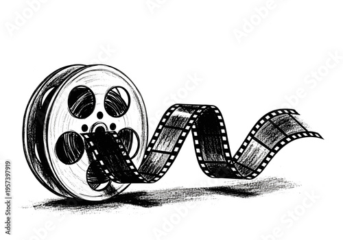 Vintage film reel with a long strip of movie film unwinding in a wavy pattern