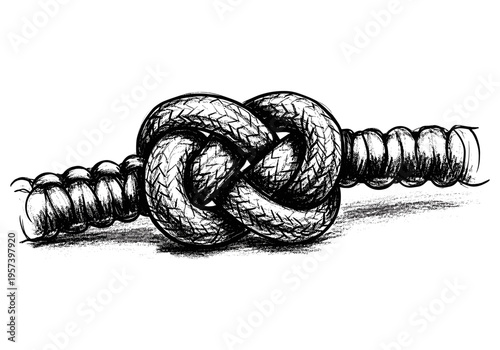 Detailed sketch of a thick rope tied in a secure knot on a white background