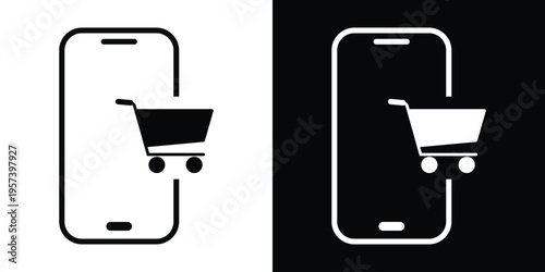 Minimalist line art of a shopping cart integrated into a smartphone frame. Modern icon for mobile commerce, digital retail, e-shop apps, and online marketplace interface design elements.