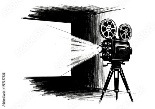 Vintage film projector casting light onto a blank screen in a dark room