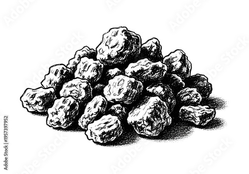 Pile of rough, irregular shaped black coal lumps in a detailed ink drawing style