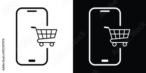 Minimalist line art of a shopping cart integrated into a smartphone frame. Modern icon for mobile commerce, digital retail, e-shop apps, and online marketplace interface design elements.