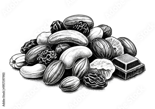 Pile of assorted nuts and dried fruits with a piece of chocolate, black and white illustration