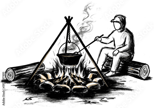Sketch of a person cooking over a campfire with a pot suspended from a tripod