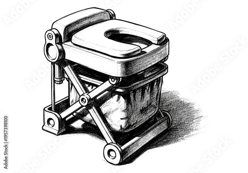 Sketch of a portable folding camping toilet with a bag liner and metal frame