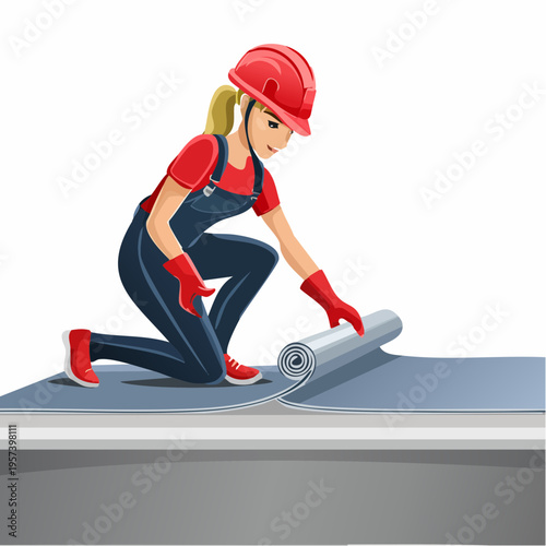 Vector Illustration of Workers Installing EPDM and TPO Waterproofing Membrane on Rooftop