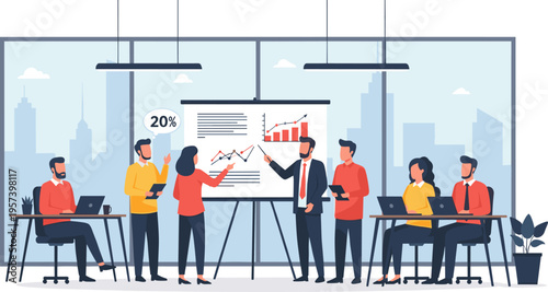 Diverse business team presenting data on whiteboard in modern office with city view in flat design for business presentation