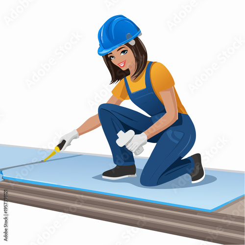 Vector Illustration of Workers Installing EPDM and TPO Waterproofing Membrane on Rooftop