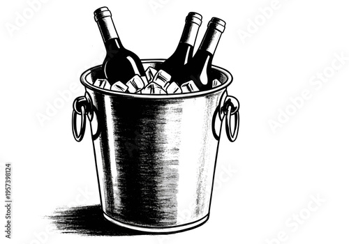 Three bottles of wine chilling in an ice bucket with cubes, black and white illustration