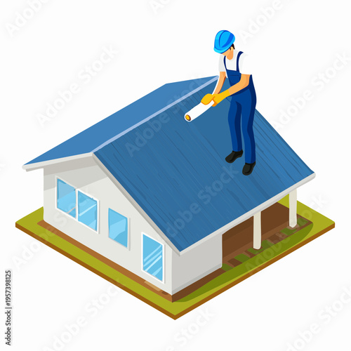 Vector Illustration of Workers Installing EPDM and TPO Waterproofing Membrane on Rooftop