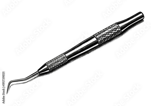 Close-up illustration of a dental explorer tool with a curved tip and textured handle