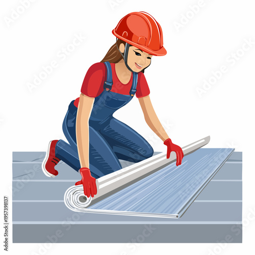 Vector Illustration of Workers Installing EPDM and TPO Waterproofing Membrane on Rooftop