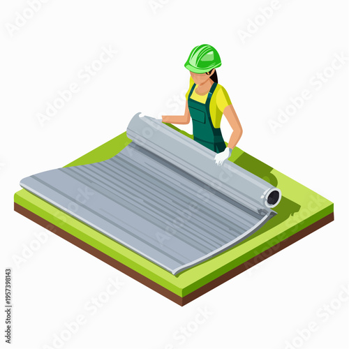 Vector Illustration of Workers Installing EPDM and TPO Waterproofing Membrane on Rooftop
