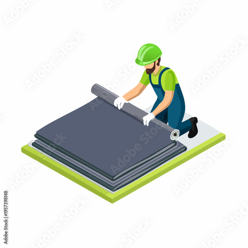 Vector Illustration of Workers Installing EPDM and TPO Waterproofing Membrane on Rooftop