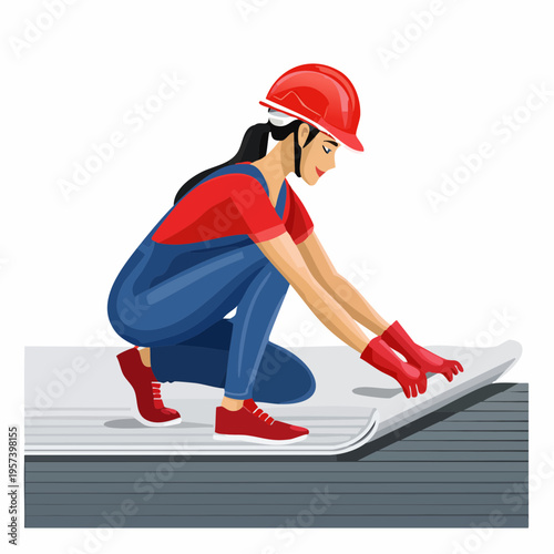 Vector Illustration of Workers Installing EPDM and TPO Waterproofing Membrane on Rooftop