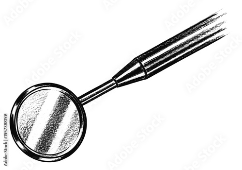 Hand-drawn illustration of a dental mirror with a reflective surface on a white background