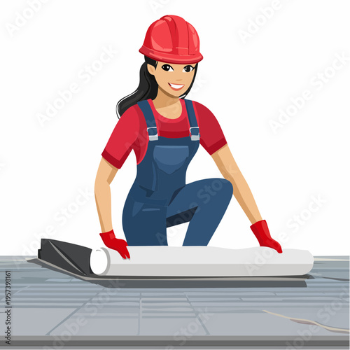 Vector Illustration of Workers Installing EPDM and TPO Waterproofing Membrane on Rooftop