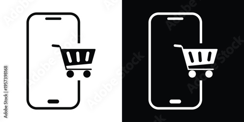 Minimalist line art of a shopping cart integrated into a smartphone frame. Modern icon for mobile commerce, digital retail, e-shop apps, and online marketplace interface design elements.