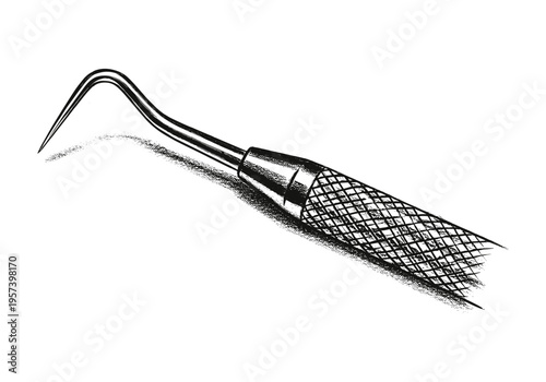 Close-up illustration of a dental explorer tool with a curved tip and textured handle