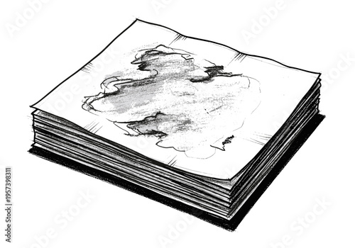 Stack of papers with abstract ink sketch on top, black and white illustration