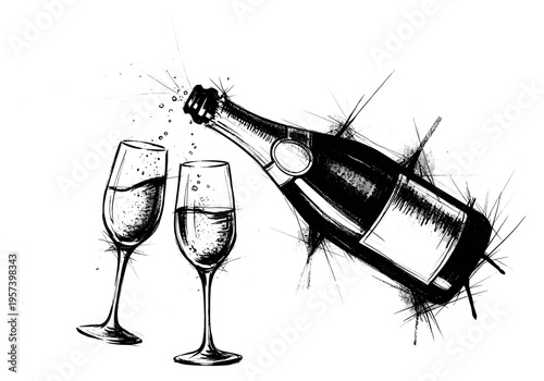 Abstract ink sketch of champagne bottle pouring into two elegant glasses with bubbles