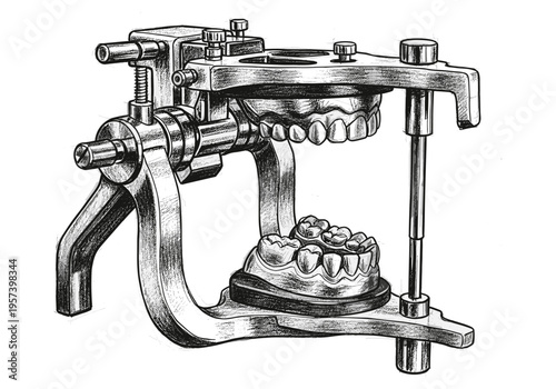 Detailed sketch of a dental articulator with upper and lower jaw models