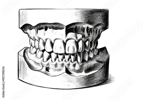Detailed sketch of dental plaster casts showing upper and lower teeth in occlusion
