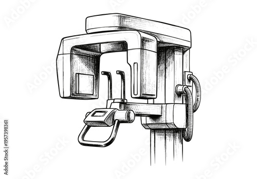 Hand-drawn sketch of a modern dental panoramic X-ray machine on a white background