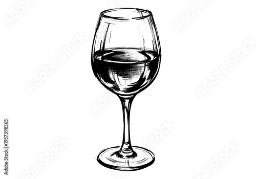 Elegant wine glass filled with liquid, rendered in a bold ink sketch style