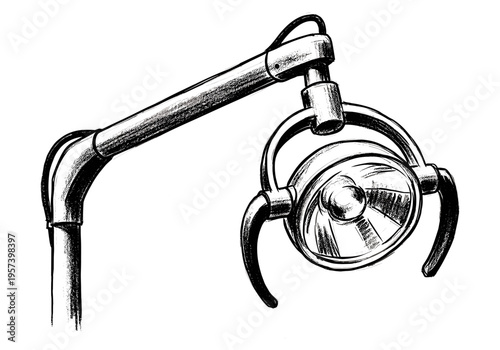 Hand-drawn illustration of a dental examination lamp with articulated arm on a white background