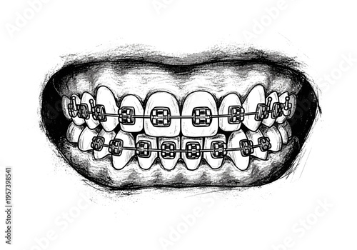 Close-up sketch of a mouth with braces on teeth, showing dental alignment treatment